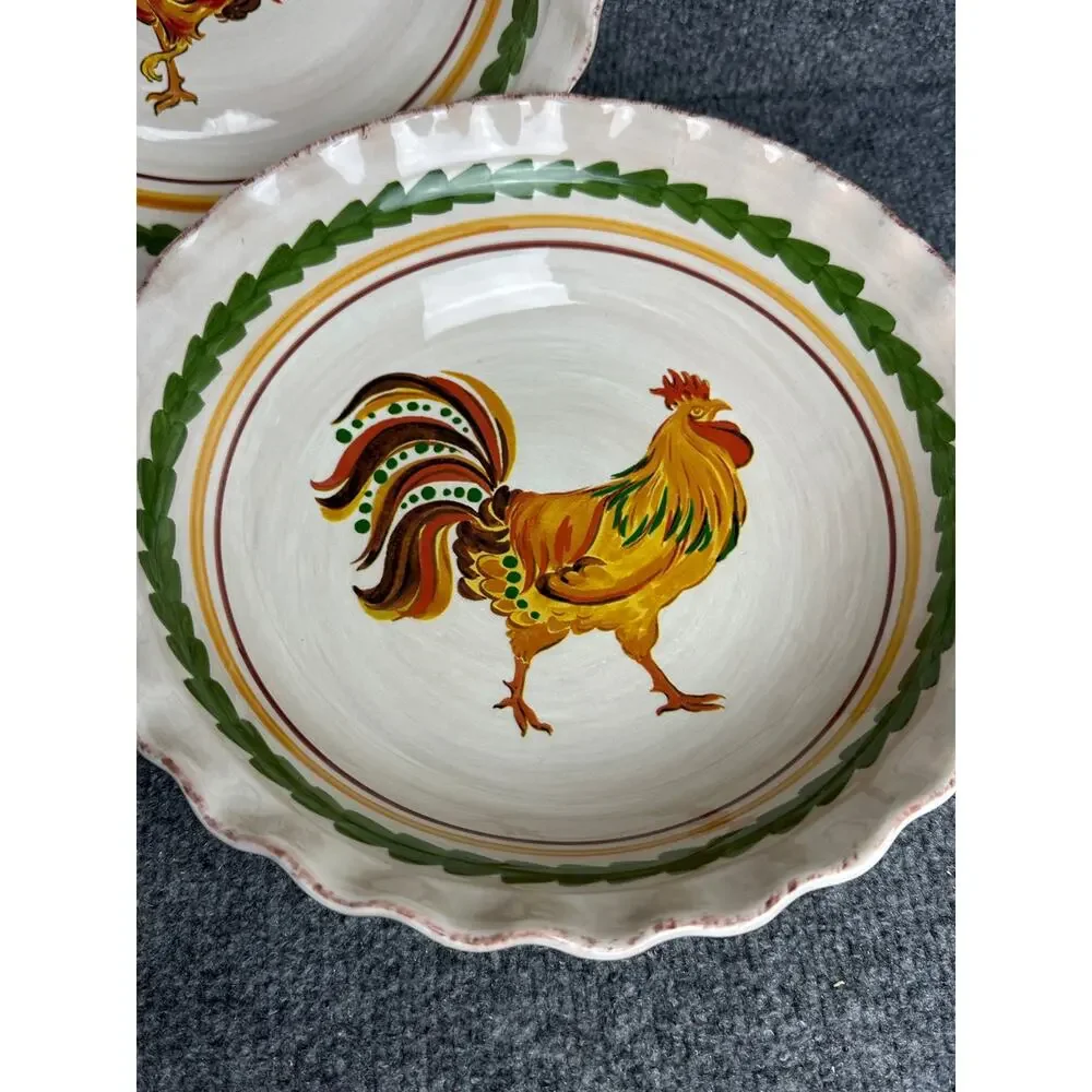Williams Sonoma Tuscan Rooster serving bowls 9.75” ruffled rim hand painted set